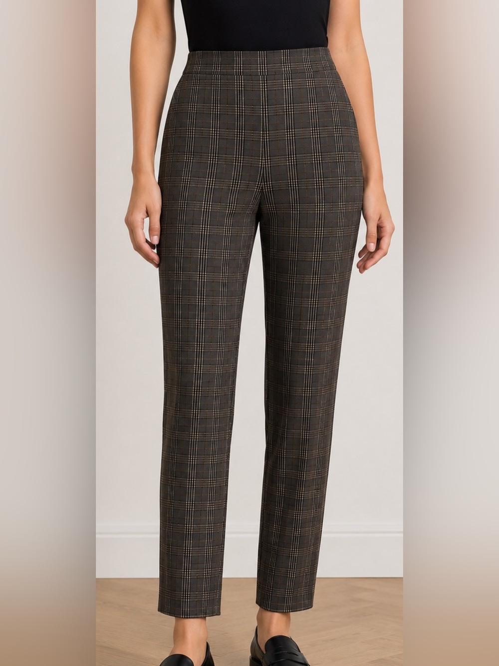 SOHO Women’s Plaid Pull-On Pants – Brown & Black Stretch Office Career Ankle Pan
